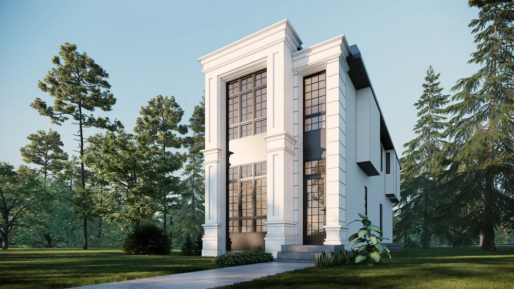 Rendering of a white infill, west elevation