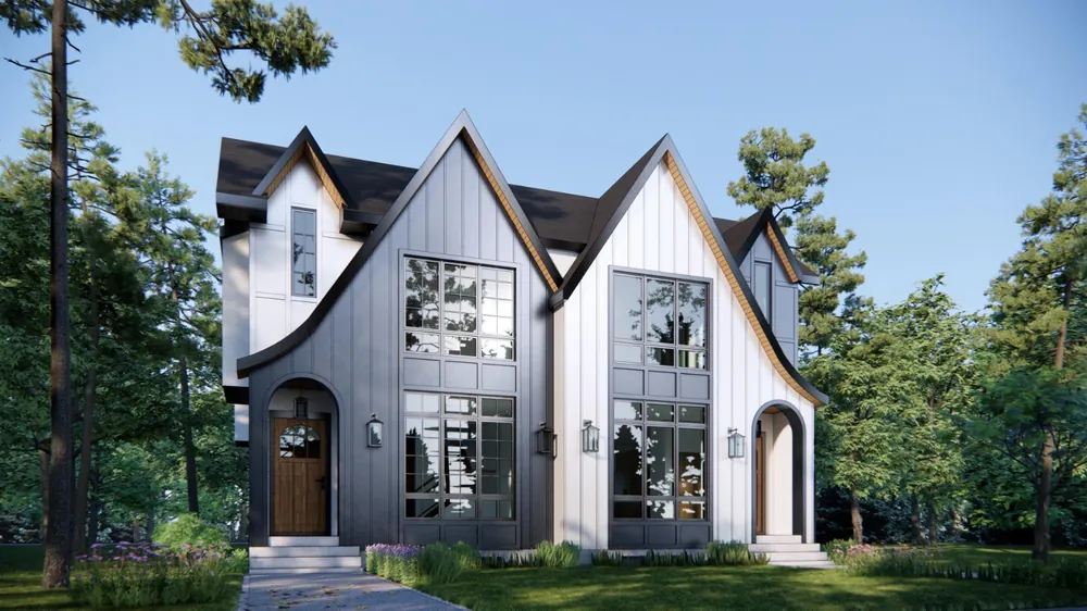 Rendering of a white farmhouse infill with an arched entry