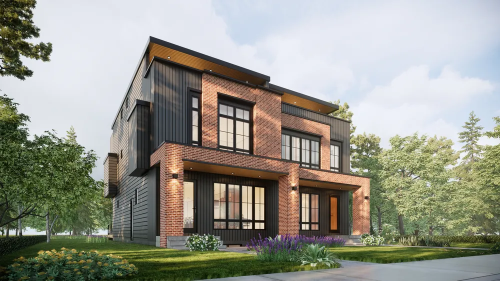 Rendering of a brick-and-black infill