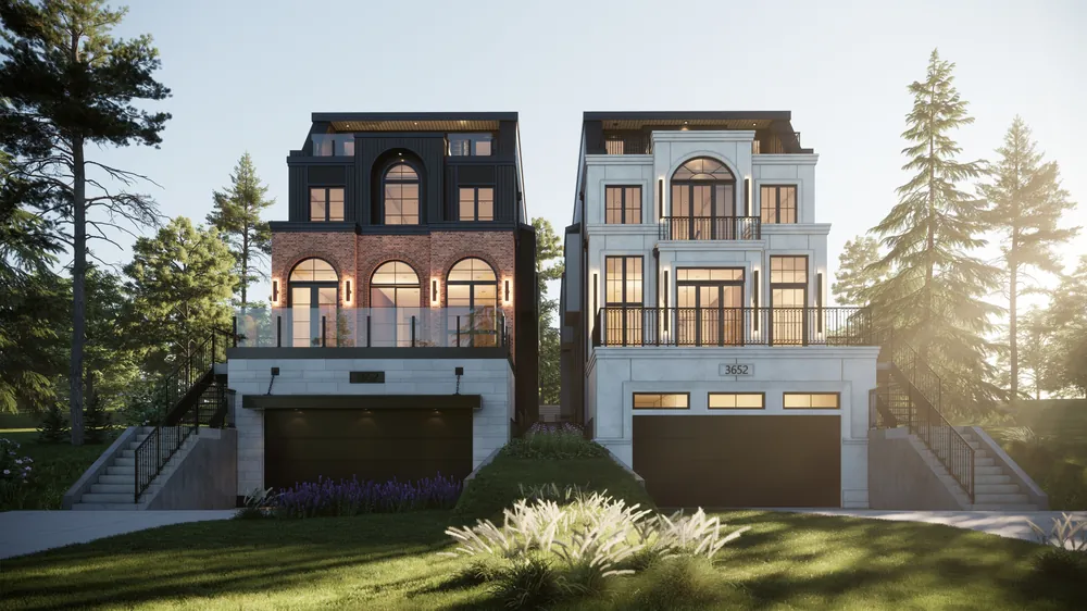 Rendering of a pair of infills at golden hour